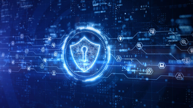 Digital shield icon on dark futuristic background